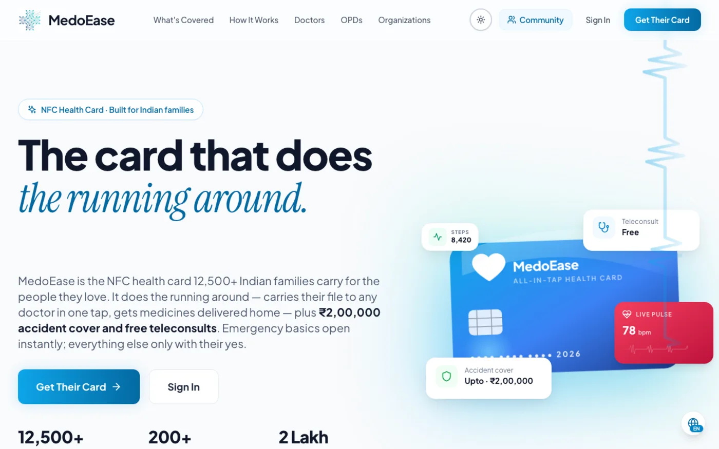 The MedoEase NFC health card landing page.